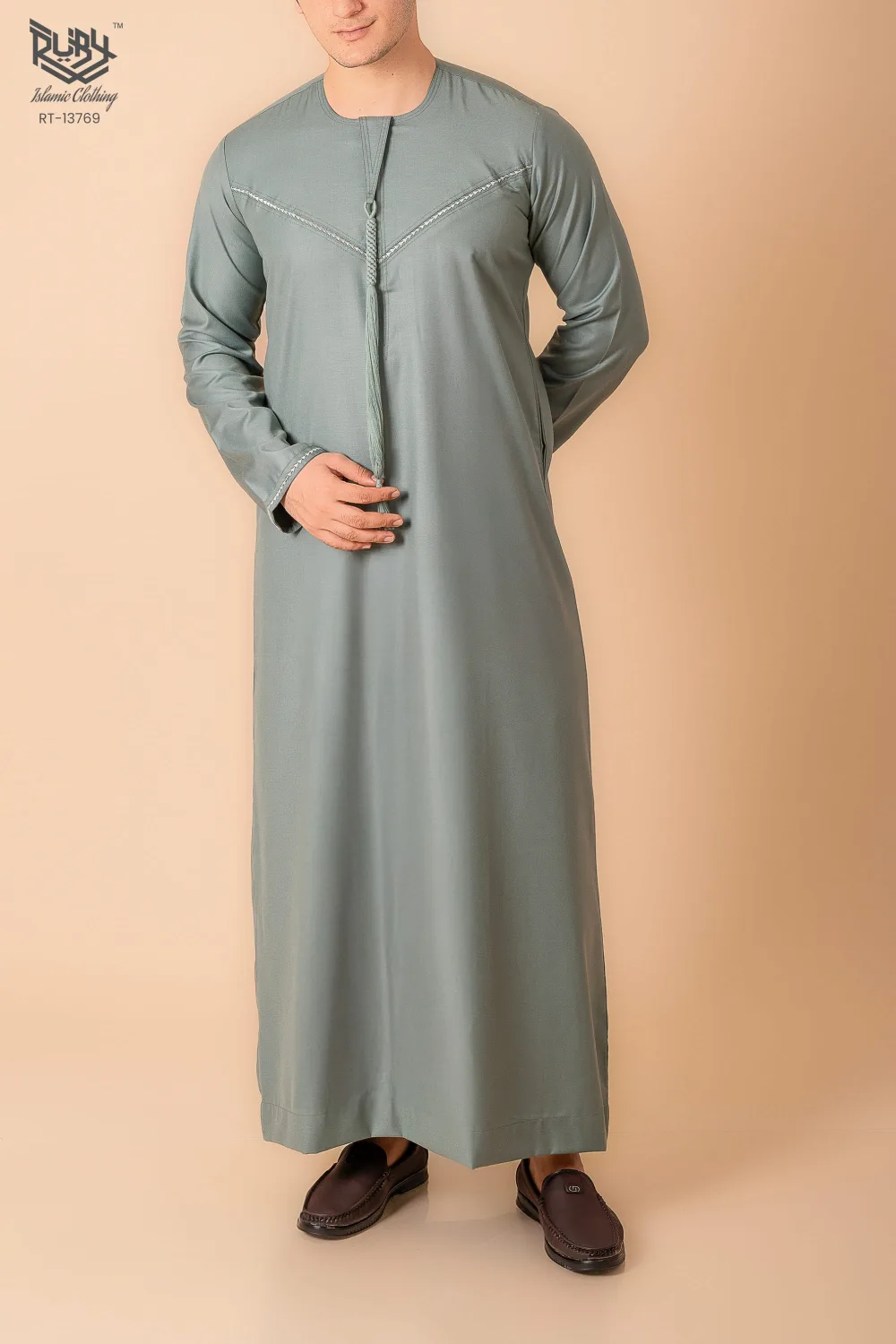 Premium Sage Green Emirati Tassel Thobe for Men with Silver Braided V-Panel – Modern Kandura Style - Image 2 - Ruby Online