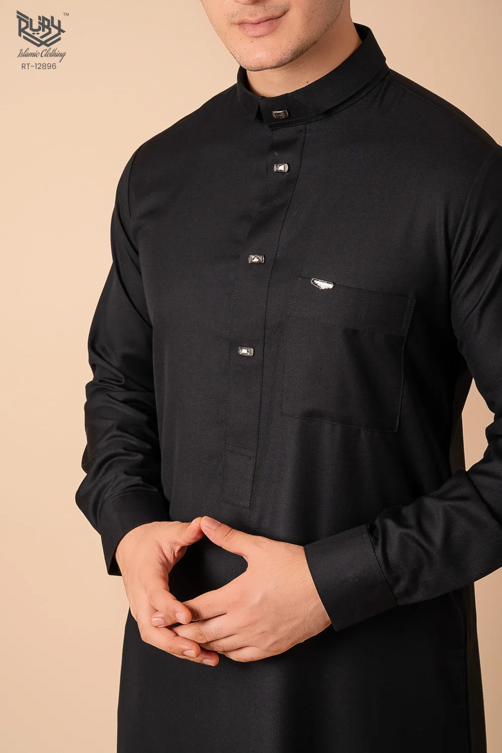 Luxury Deep Black Designer Thobe for Men with Gunmetal Button Placket & Modern Band Collar - Image 5 - Ruby Online