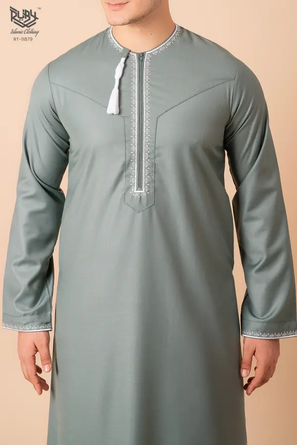 Sage Green Omani Thobe with Beige Geometric Embroidery & Tassel - Image 4 - Ruby Online