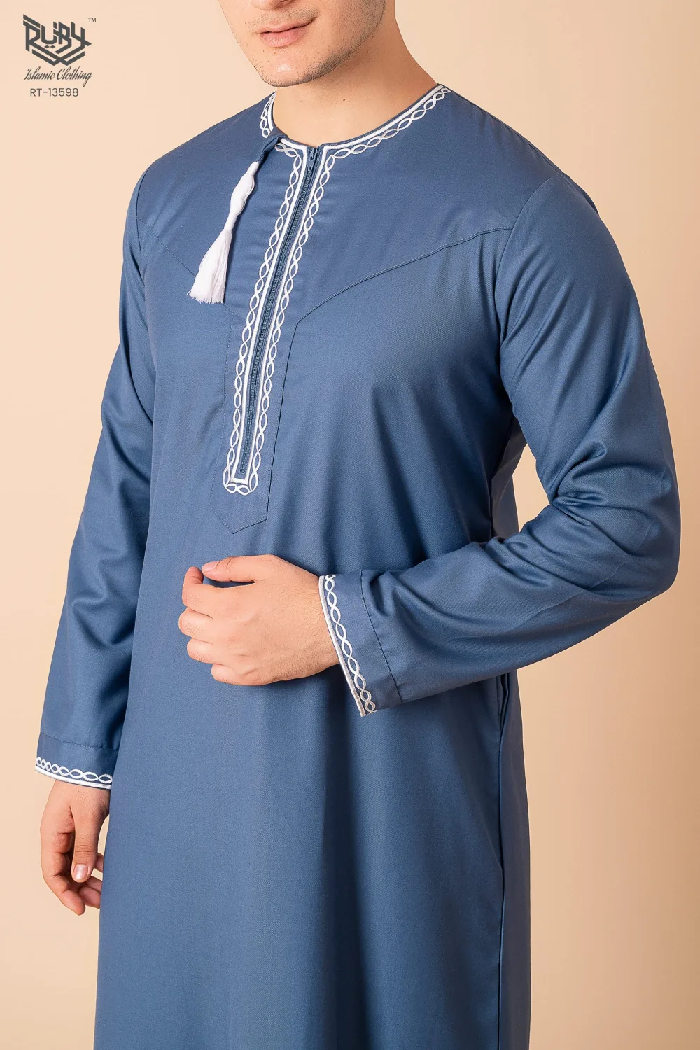 Steel Blue Omani Thobe with White Loop Embroidery & Tassel - Image 5 - Ruby Online