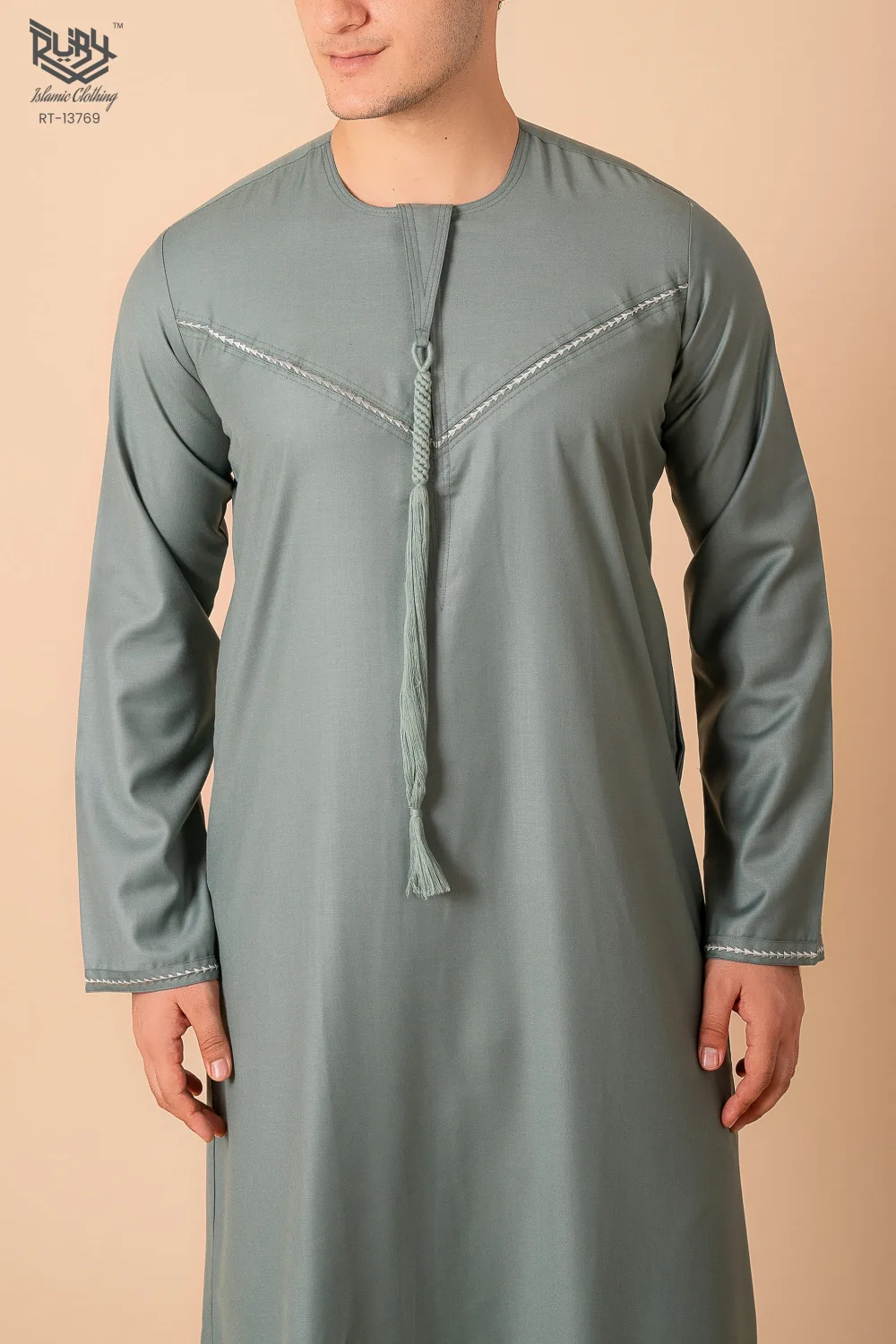 Premium Sage Green Emirati Tassel Thobe for Men with Silver Braided V-Panel – Modern Kandura Style - Image 4 - Ruby Online