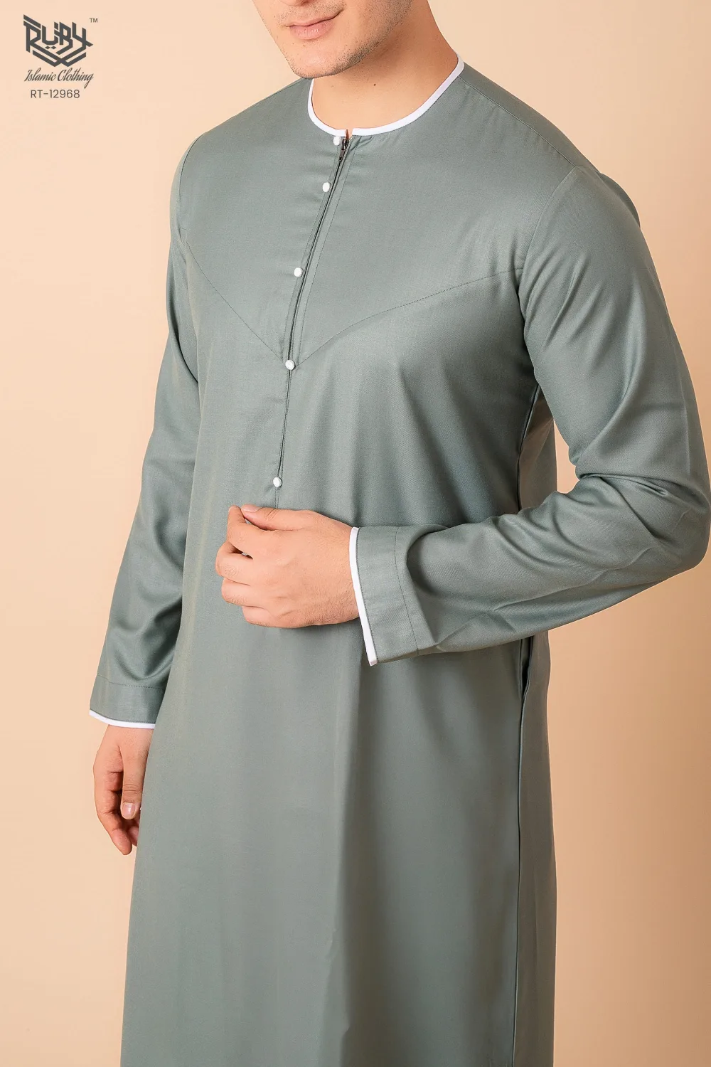 Premium Sage Green Emirati Thobe for Men with White Contrast Piping & Modern Panel Cut - Image 4 - Ruby Online