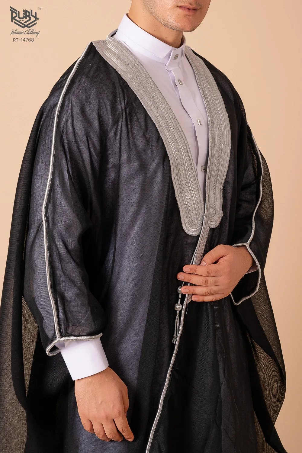 Royal Prestige Black Arabic Bisht for Men with Intricate Silver Zari Border – Premium Lightweight Open-Front Luxury Cloak - Image 5 - Ruby Online