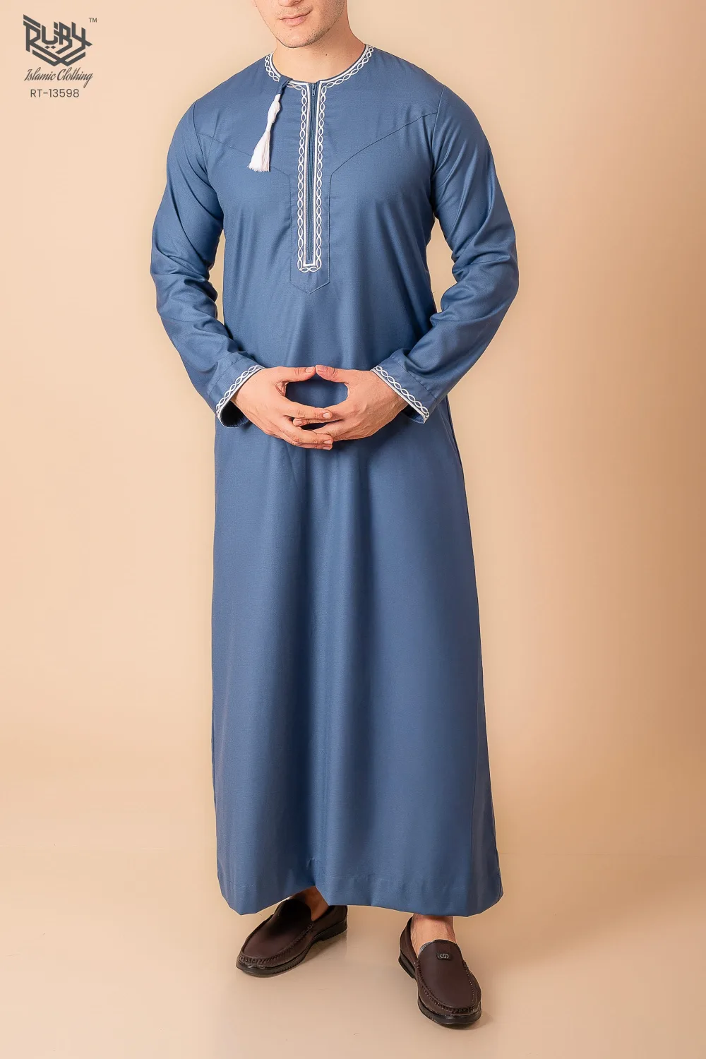 Steel Blue Omani Thobe with White Loop Embroidery & Tassel - Image 2 - Ruby Online