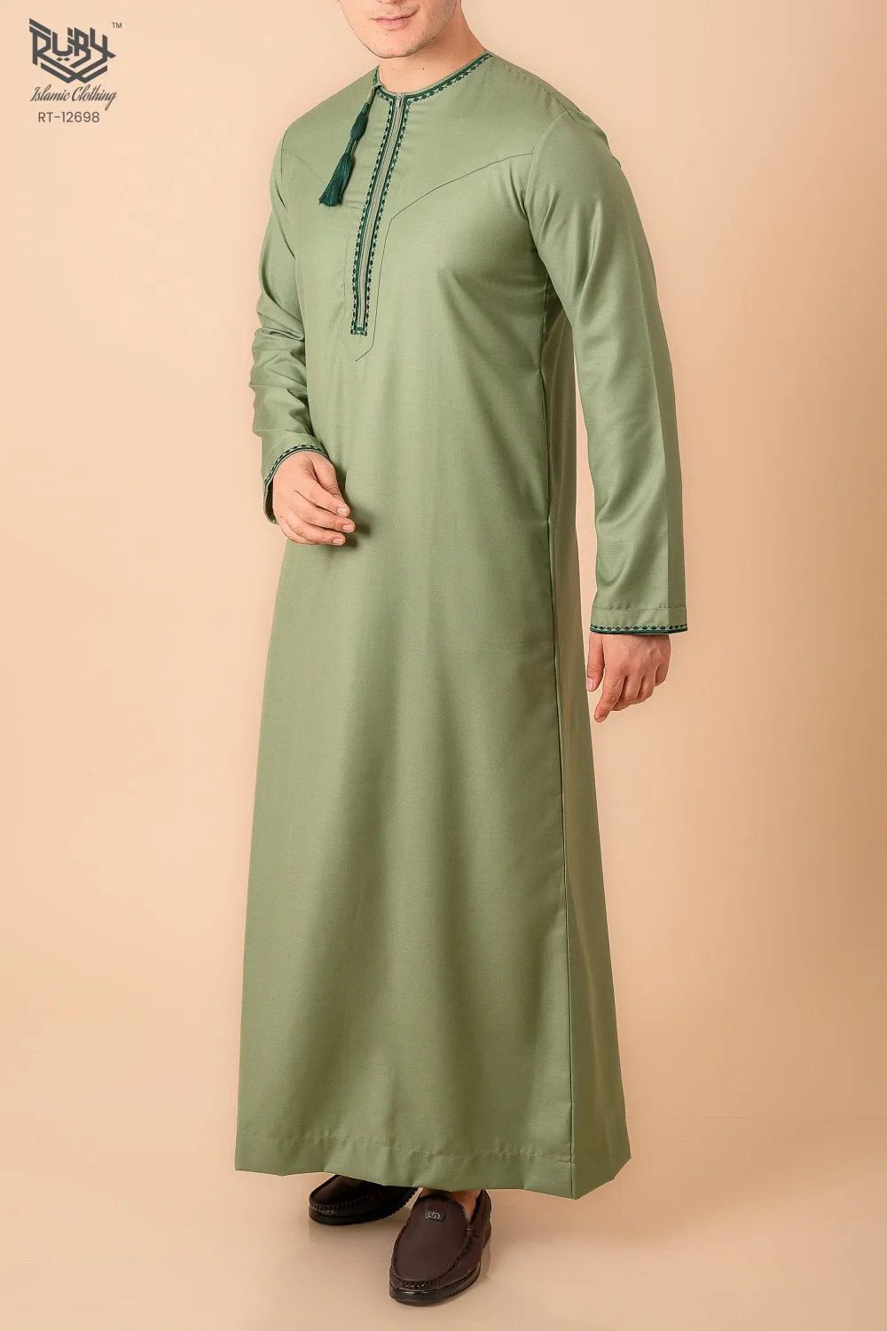 Light Olive Green Omani Thobe with Dark Green Geometric Embroidery & Tassel - Image 3 - Ruby Online
