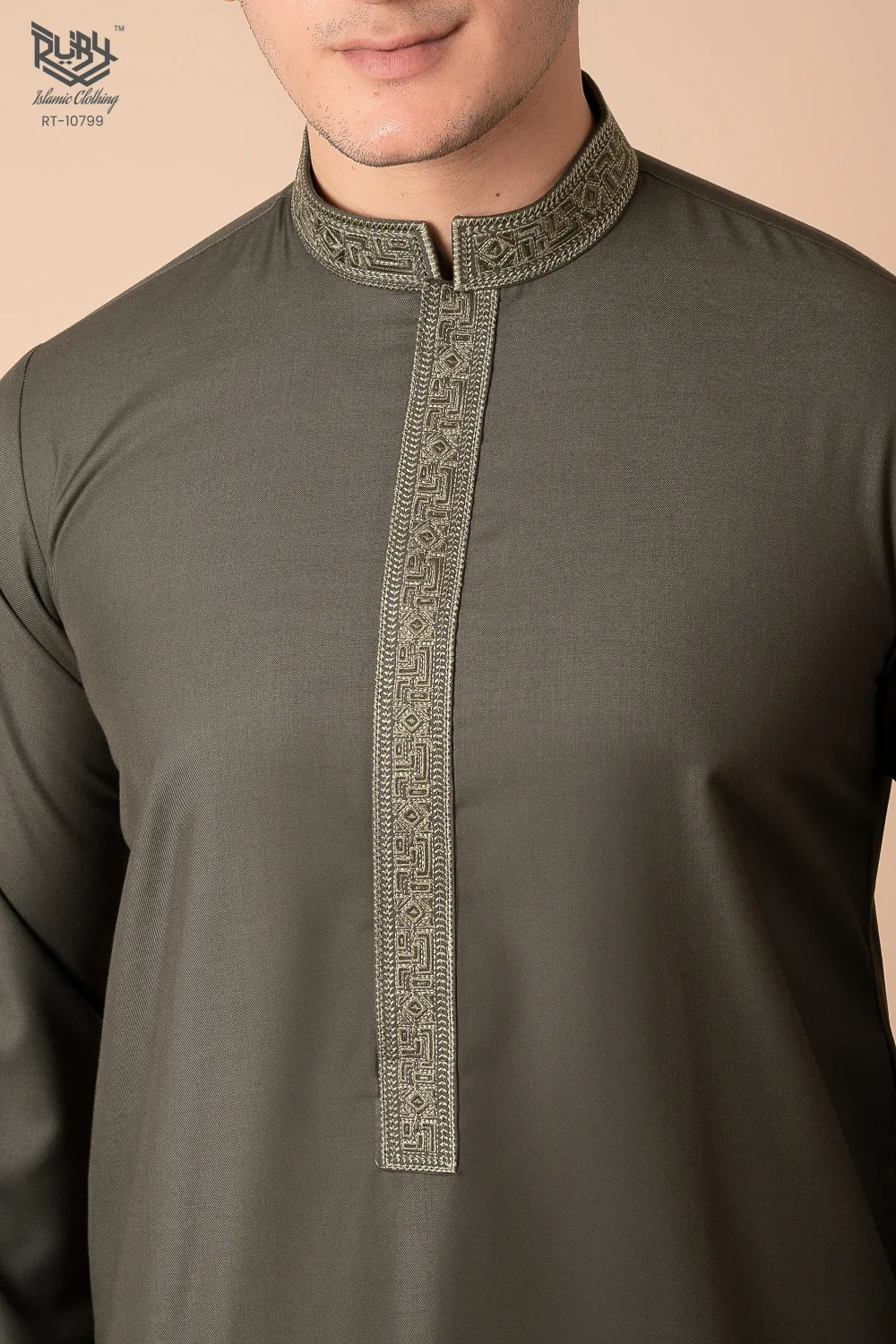 Premium Deep Olive Emirati Thobe with Gold Geometric Embroidered Collar & Placket - Image 4 - Ruby Online