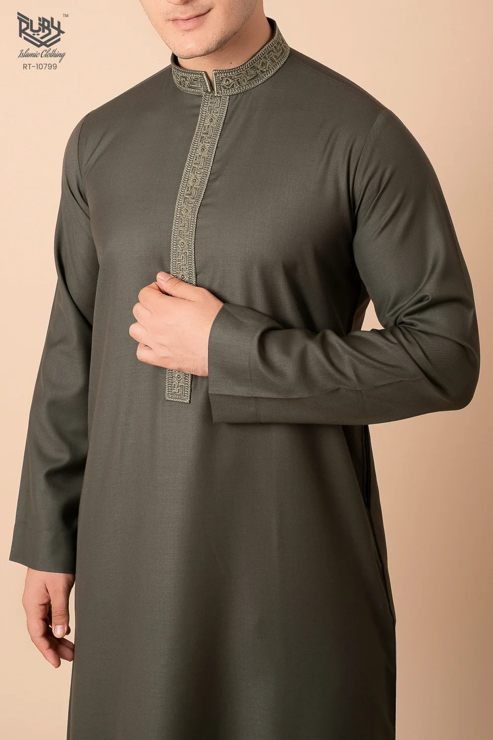 Premium Deep Olive Emirati Thobe with Gold Geometric Embroidered Collar & Placket - Image 3 - Ruby Online