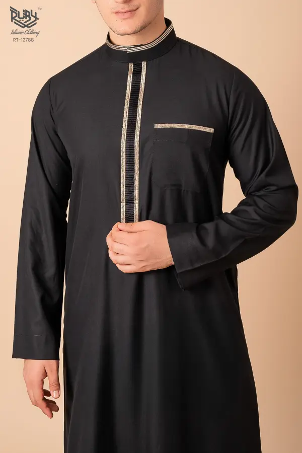 Jet Black Men’s Thobe with Gold Contrast Placket & Pocket Trim - Image 4 - Ruby Online