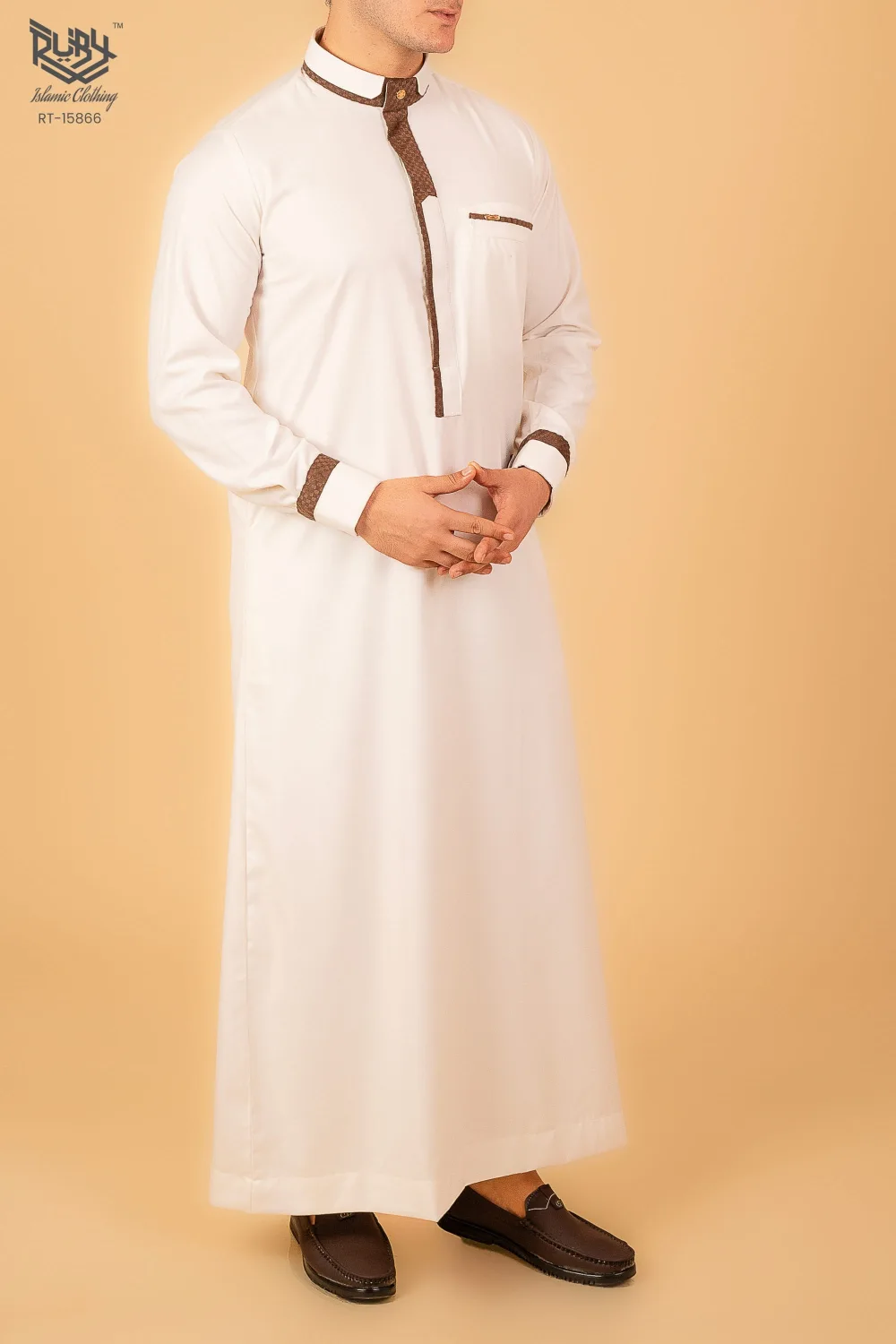 Men’s White Designer Thobe with Brown Contrast Piping – Premium Saudi Collar Kandura - Image 3 - Ruby Online