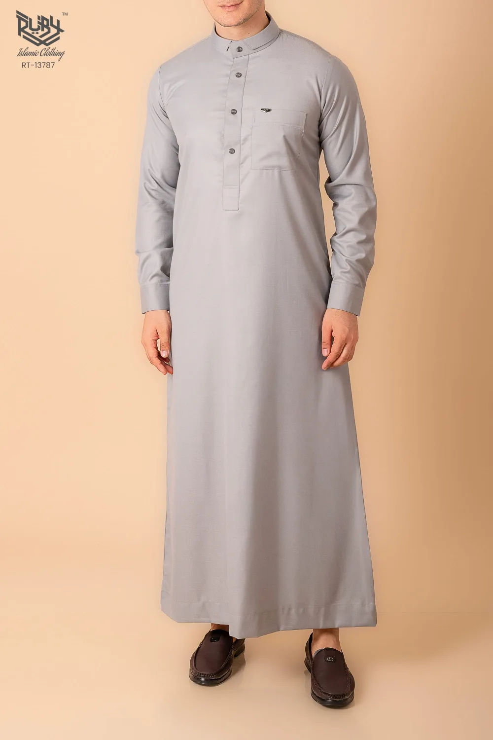 Premium Light Grey Minimalist Band-Collar Designer Thobe for Men with Metal Button Detail