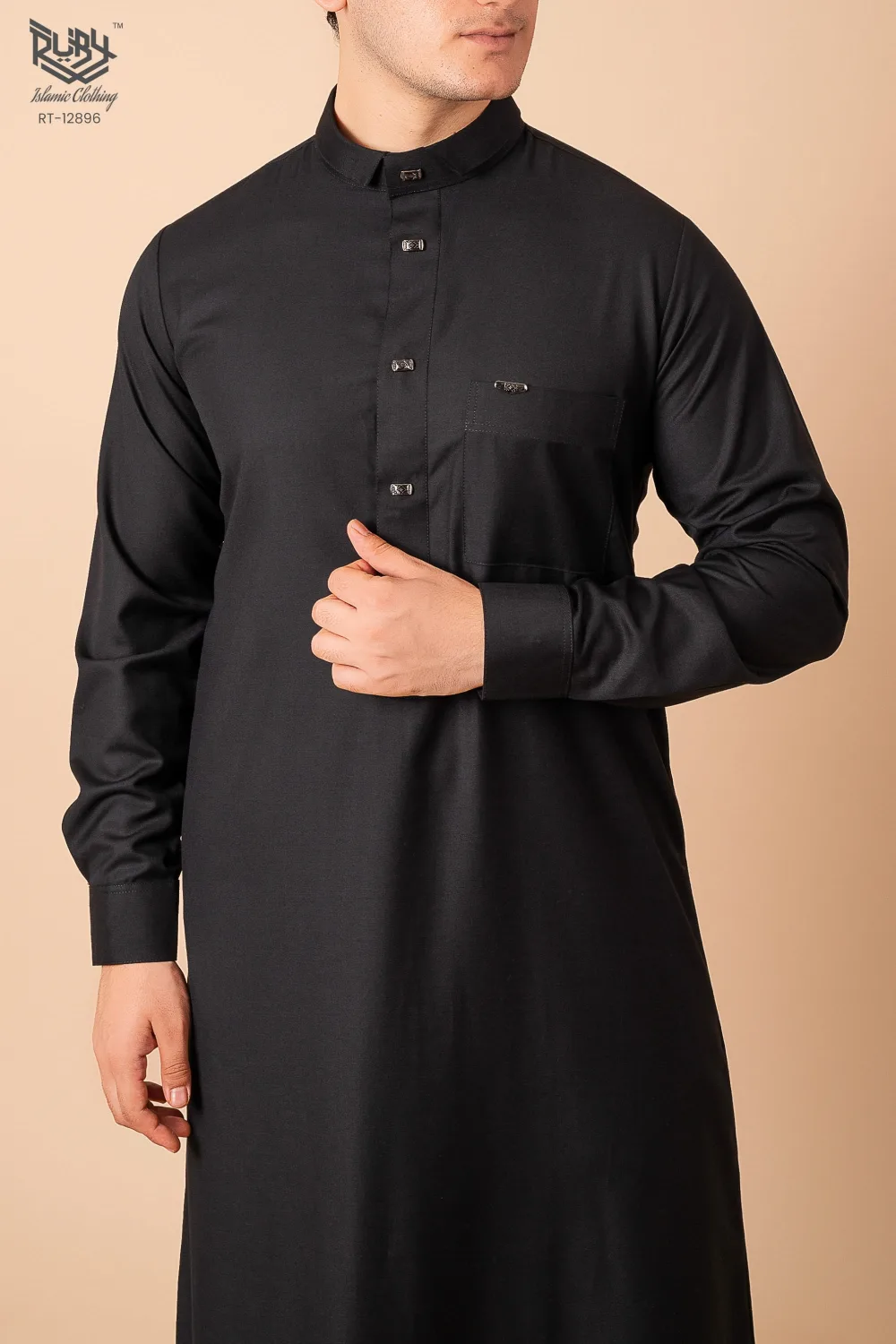 Luxury Deep Black Designer Thobe for Men with Gunmetal Button Placket & Modern Band Collar - Image 4 - Ruby Online