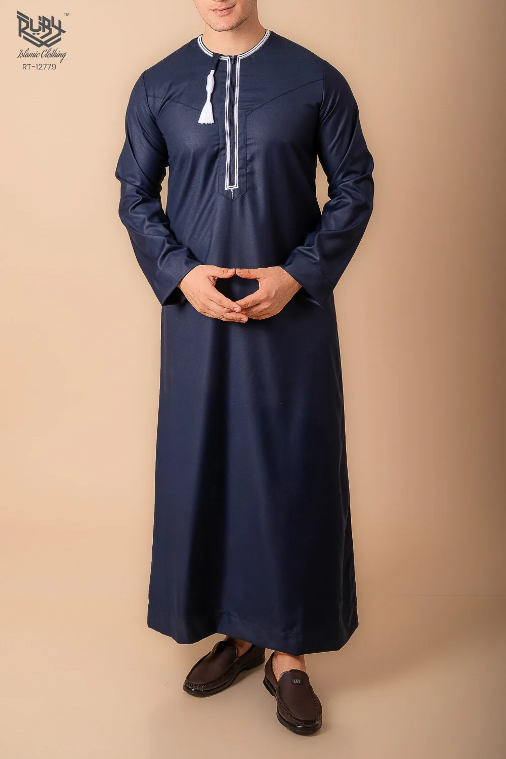 Navy Blue Omani Thobe with White Embroidered Placket & Tassel - Image 2 - Ruby Online