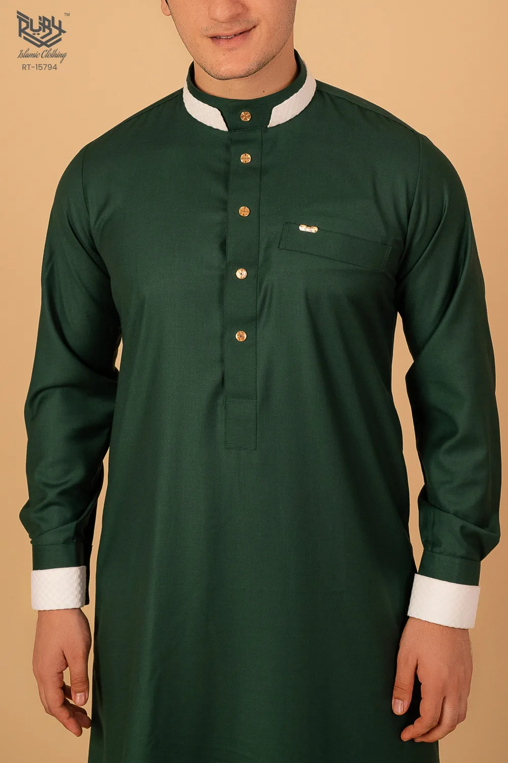 Premium Emerald Green Designer Thobe for Men with White Contrast Collar & Gold Button Detailing - Image 3 - Ruby Online