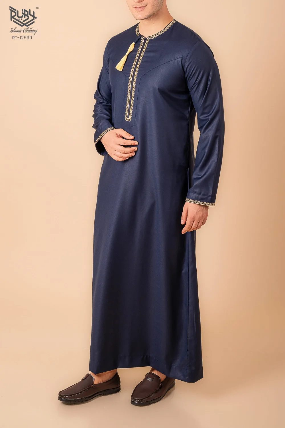 Navy Blue Omani Thobe with Gold Geometric Embroidery & Tassel - Image 2 - Ruby Online