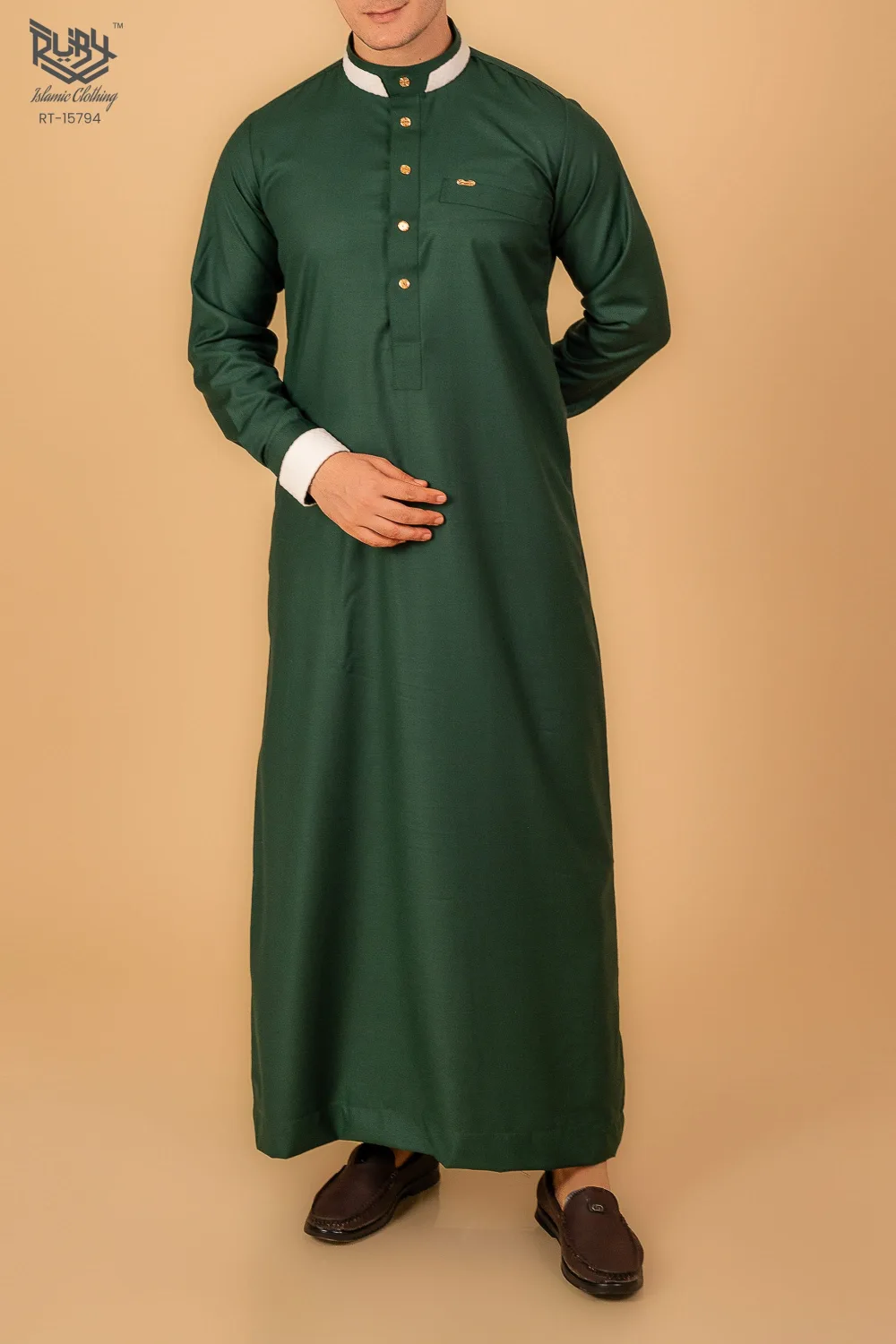 Premium Emerald Green Designer Thobe for Men with White Contrast Collar & Gold Button Detailing