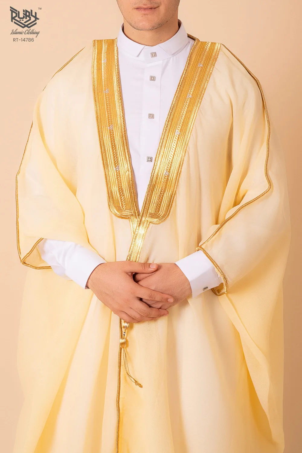 Luxury Cream Arabic Bisht for Men with Gold Zari Edge Embroidery – Premium Lightweight Open-Front Cloak