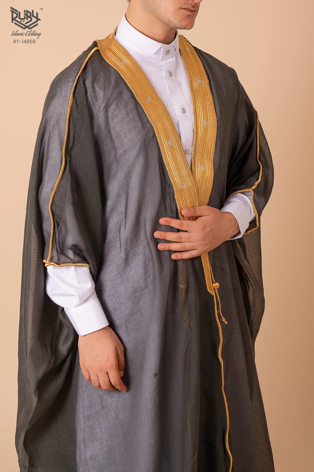 Luxury Dark Grey Arabic Bisht for Men with Gold Zari Edge Embroidery – Premium Lightweight Open-Front Cloak - Image 5 - Ruby Online