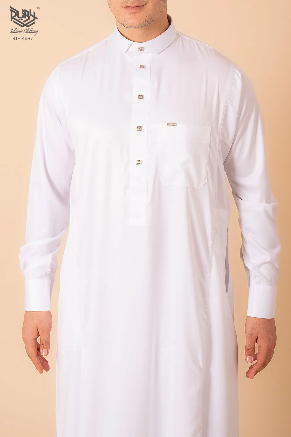 Premium Cream White Classic Thobe with Pleated Front Panel & Band Collar - Image 3 - Ruby Online