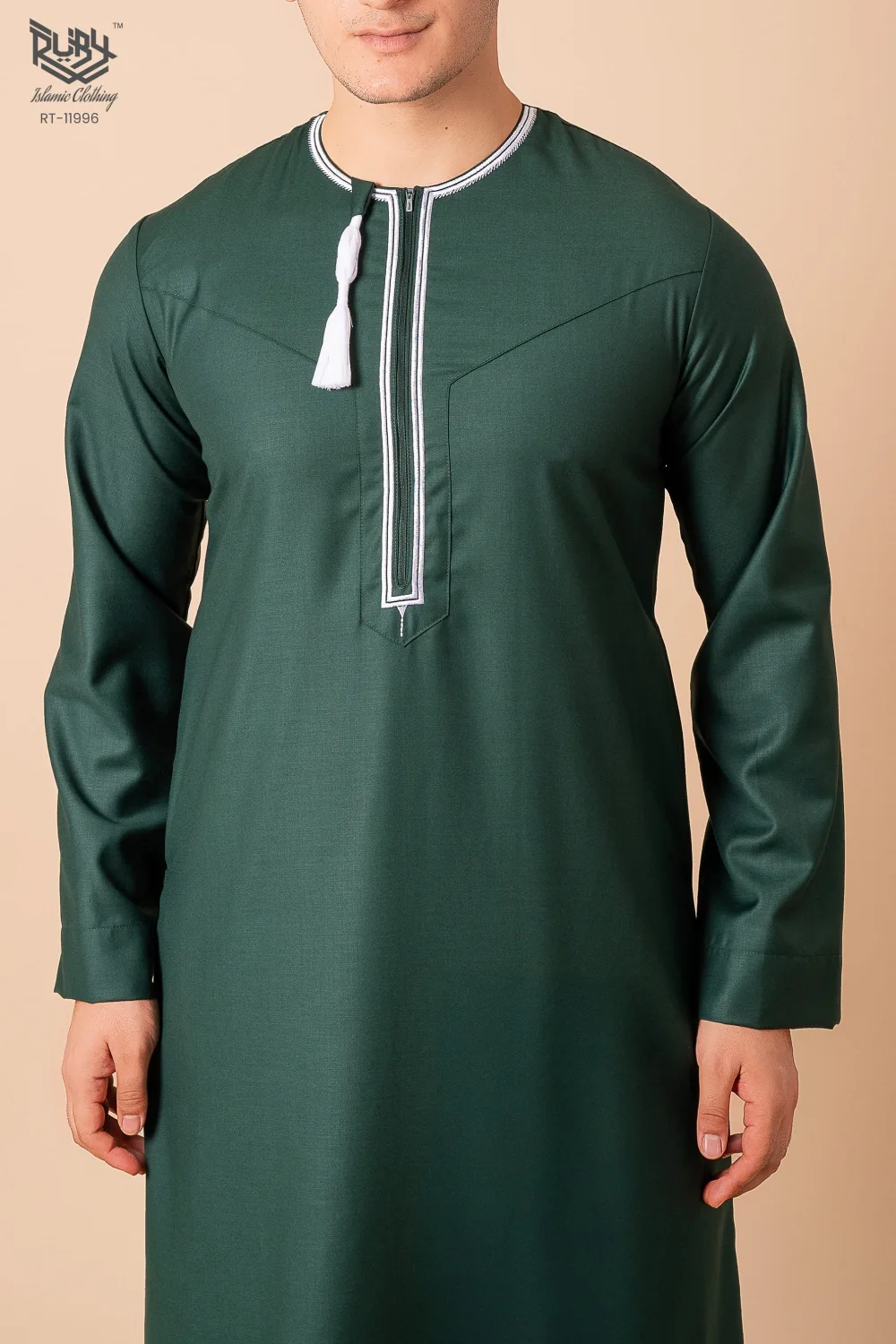 Dark Green Omani Thobe with White Geometric Embroidery & Tassel - Image 3 - Ruby Online