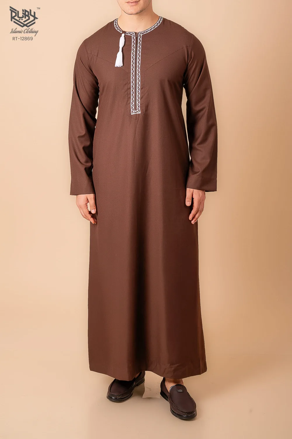 Coffee Brown Omani Thobe with White Geometric Embroidery & Tassel