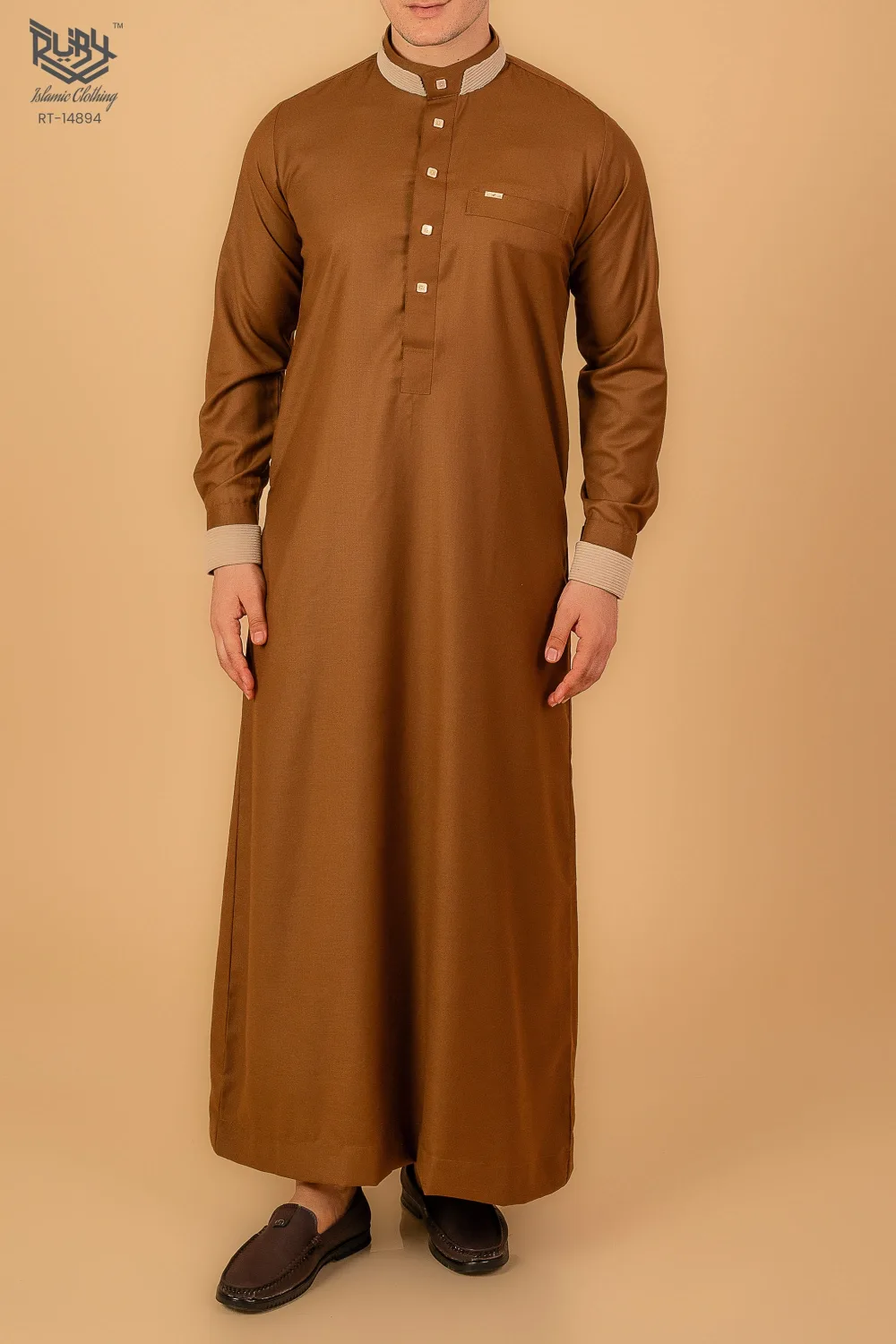 Copper Brown Contrast Collar Thobe – Modern Buttoned Men’s Islamic Wear - Image 2 - Ruby Online