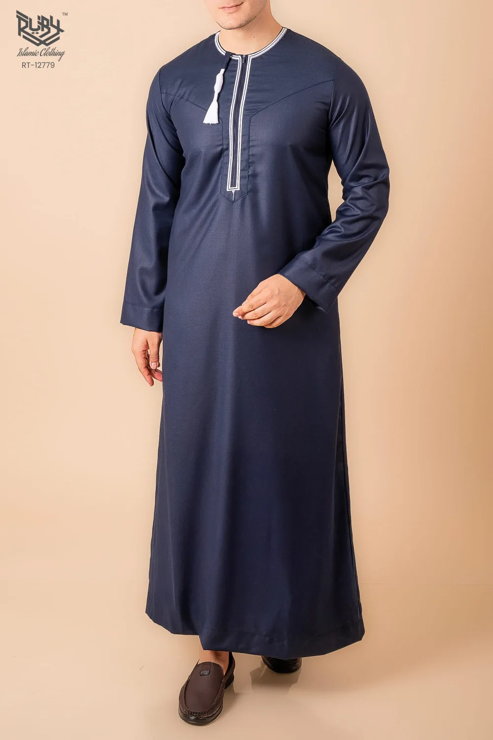 Navy Blue Omani Thobe with White Embroidered Placket & Tassel