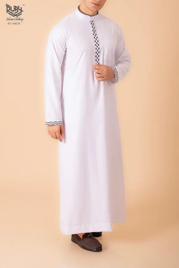 Men’s Classic White Thobe with Black Lattice Embroidery Strip & Contrast Cuff Trim - Image 3 - Ruby Online