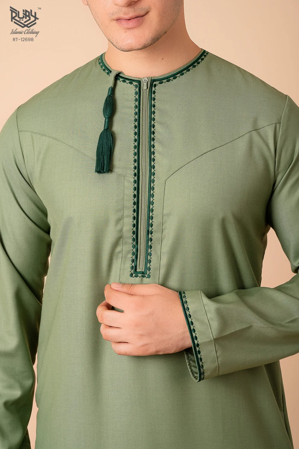 Light Olive Green Omani Thobe with Dark Green Geometric Embroidery & Tassel - Image 4 - Ruby Online