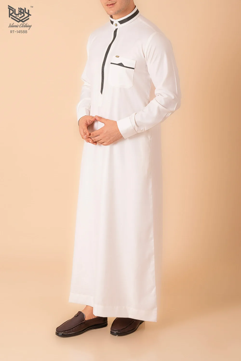 Luxury White Designer Thobe with Black Contrast Trim & Gold Detail - Image 2 - Ruby Online