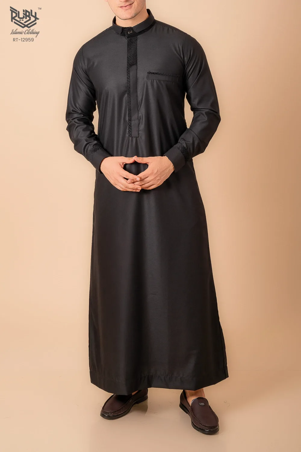 Premium Jet Black Designer Thobe for Men with Textured Trim Placket & Modern Band Collar