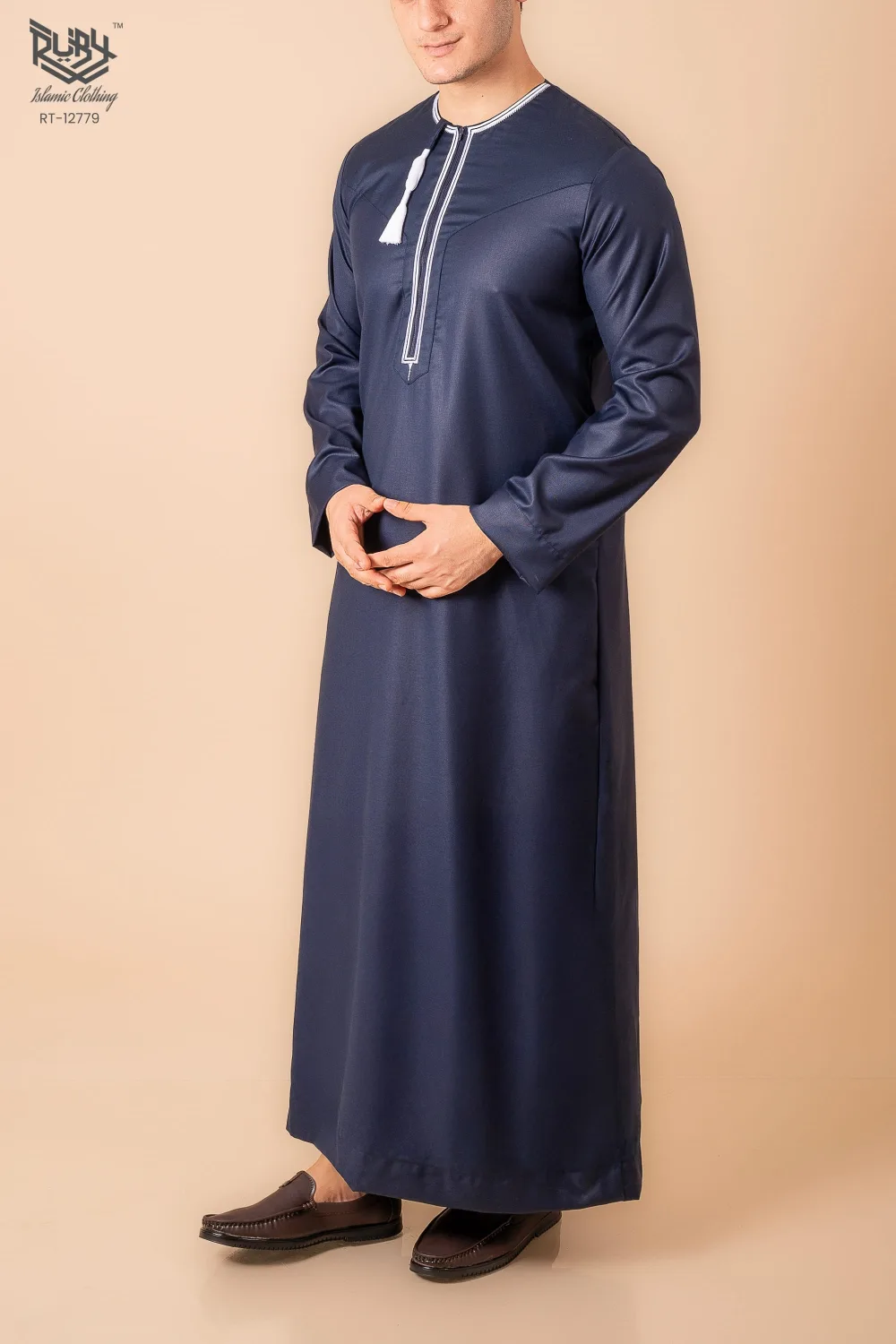 Navy Blue Omani Thobe with White Embroidered Placket & Tassel - Image 3 - Ruby Online