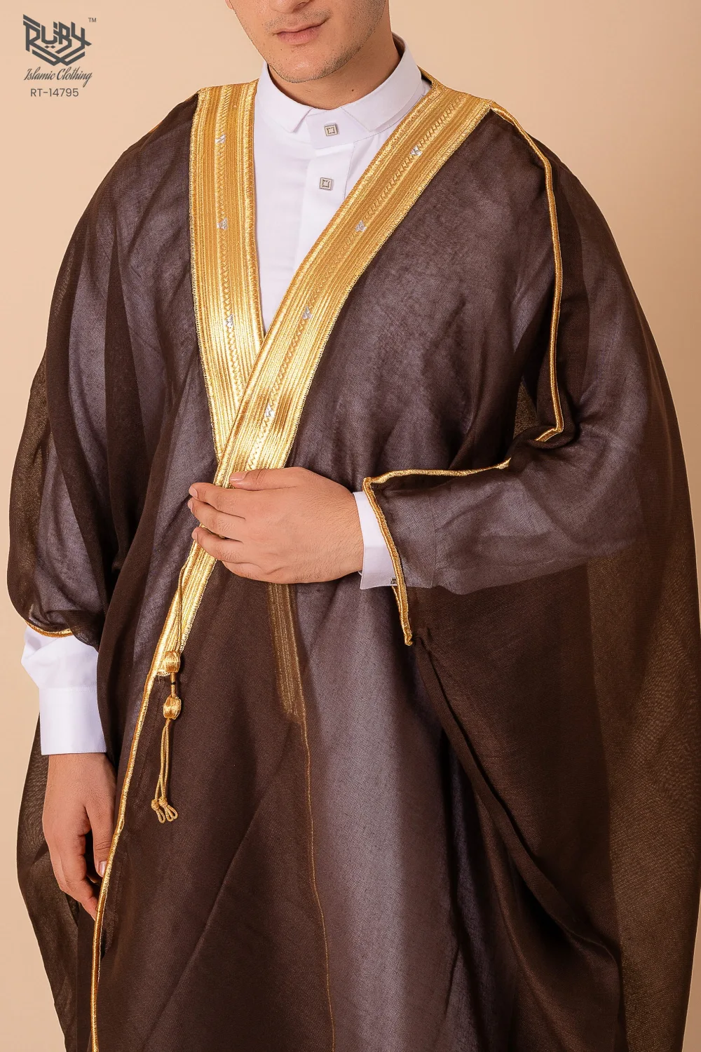 Regal Heritage Deep Brown Arabic Bisht for Men with Gold Zari Edge Embroidery – Premium Lightweight Open-Front Cloak - Image 2 - Ruby Online
