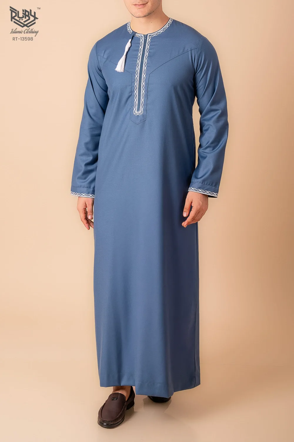 Steel Blue Omani Thobe with White Loop Embroidery & Tassel
