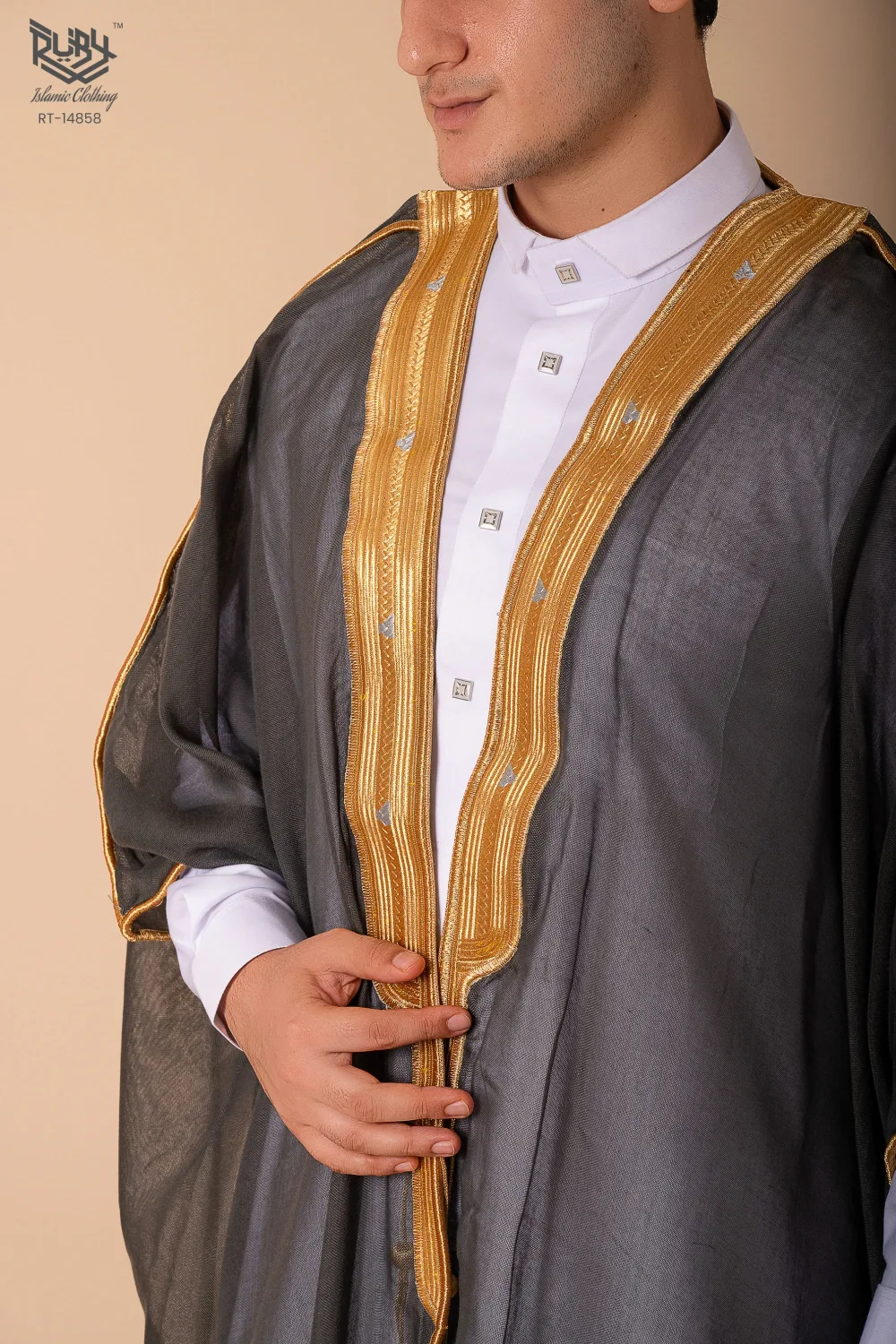 Luxury Dark Grey Arabic Bisht for Men with Gold Zari Edge Embroidery – Premium Lightweight Open-Front Cloak - Image 3 - Ruby Online