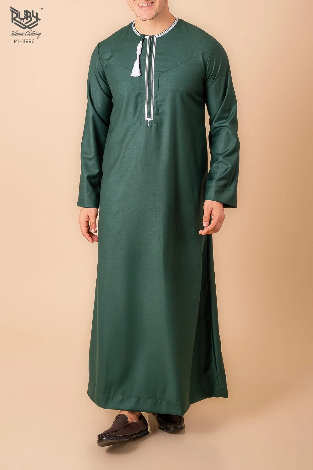 Dark Green Omani Thobe with White Geometric Embroidery & Tassel