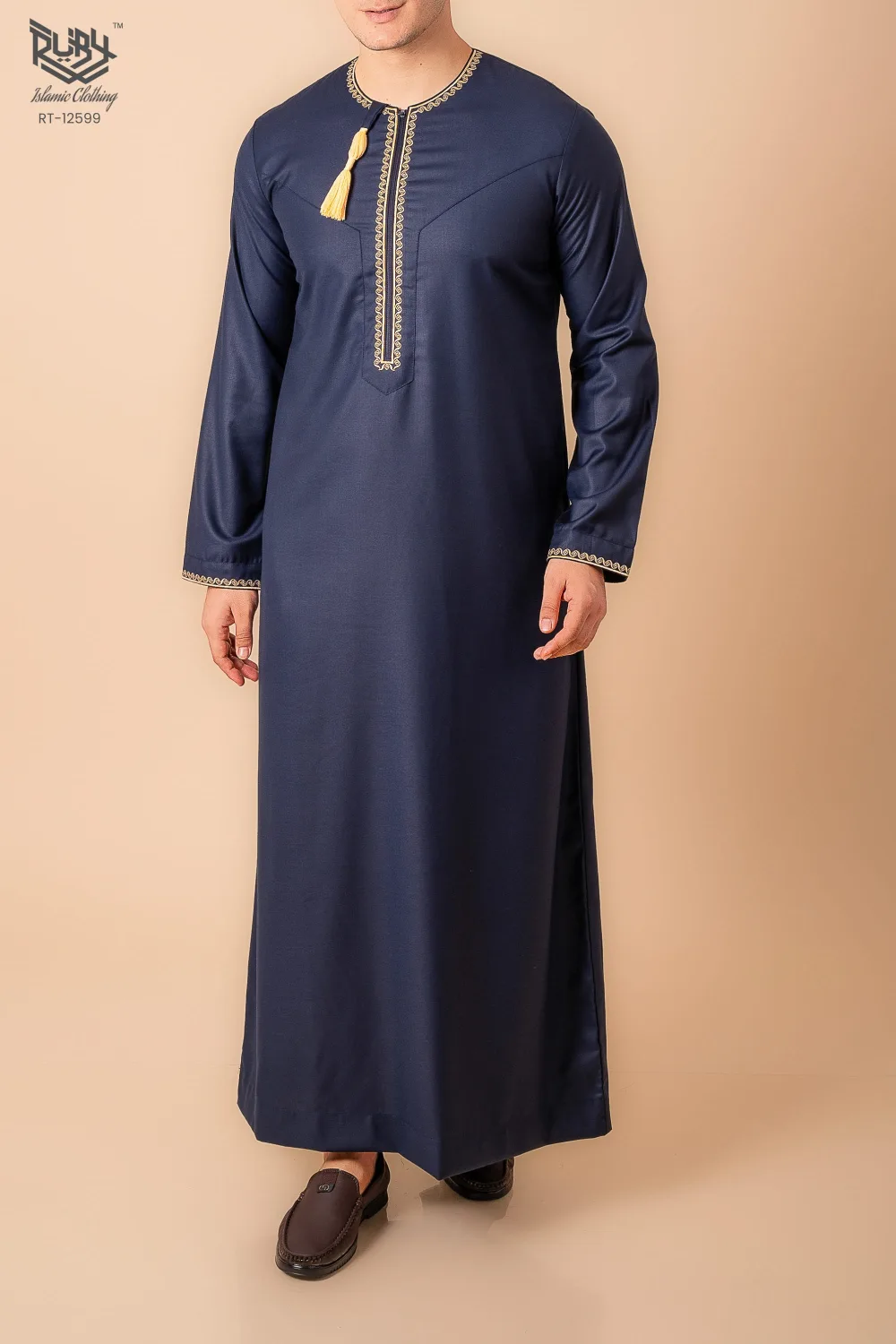 Navy Blue Omani Thobe with Gold Geometric Embroidery & Tassel