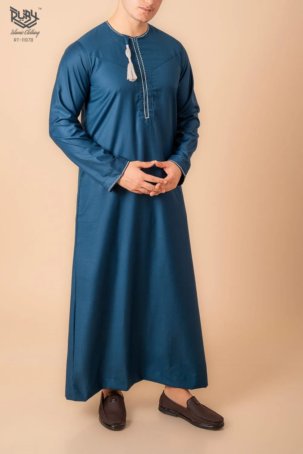 Teal Blue Omani Thobe with White Geometric Embroidery & Tassel - Image 3 - Ruby Online
