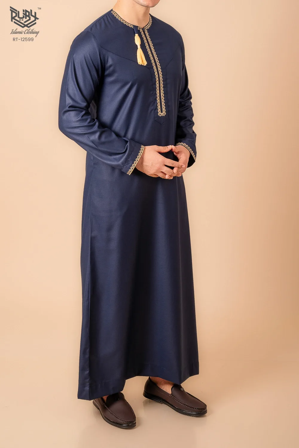 Navy Blue Omani Thobe with Gold Geometric Embroidery & Tassel - Image 3 - Ruby Online