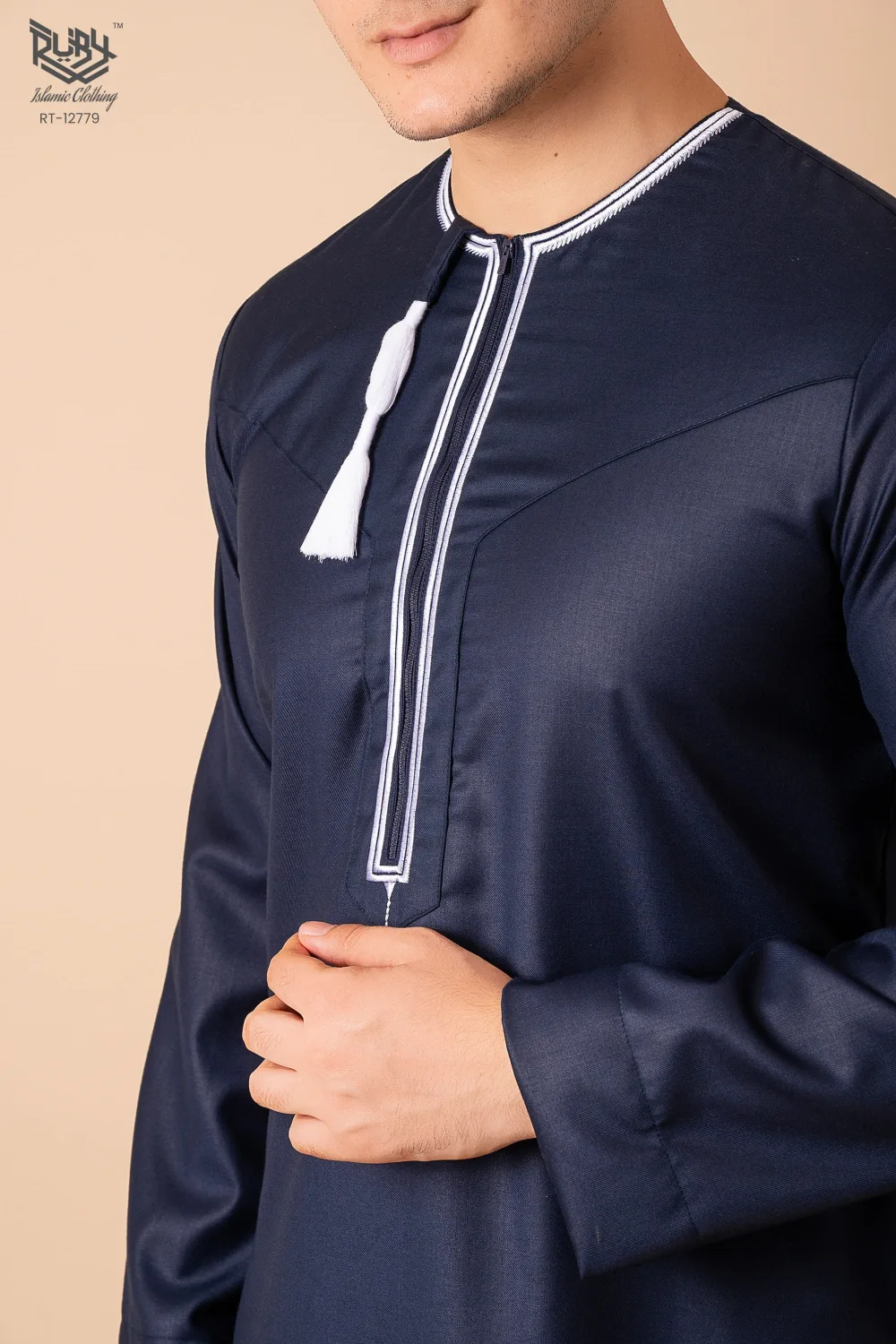 Navy Blue Omani Thobe with White Embroidered Placket & Tassel - Image 5 - Ruby Online
