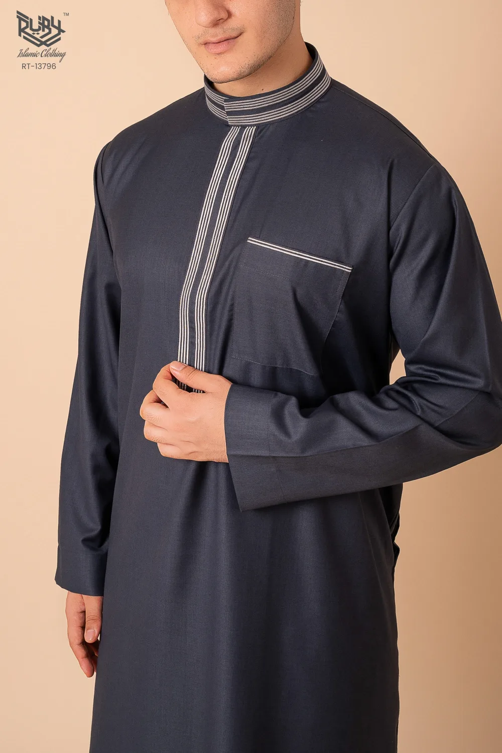 Premium Deep Charcoal Grey Emirati Designer Thobe with Striped Embroidered Placket - Image 4 - Ruby Online