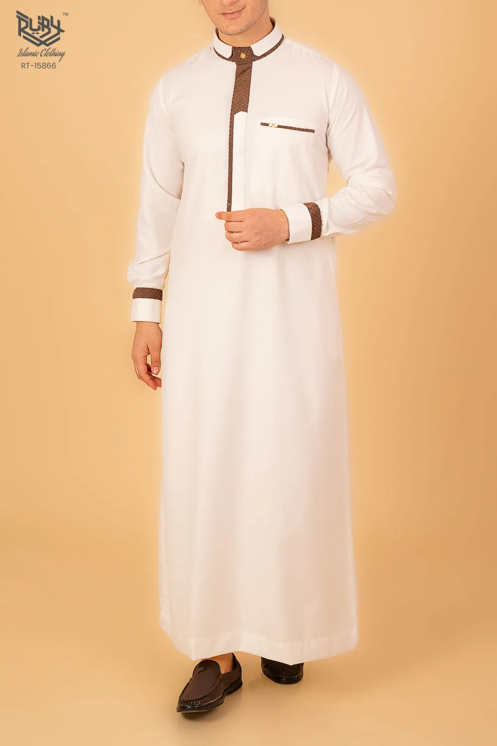 Men’s White Designer Thobe with Brown Contrast Piping – Premium Saudi Collar Kandura