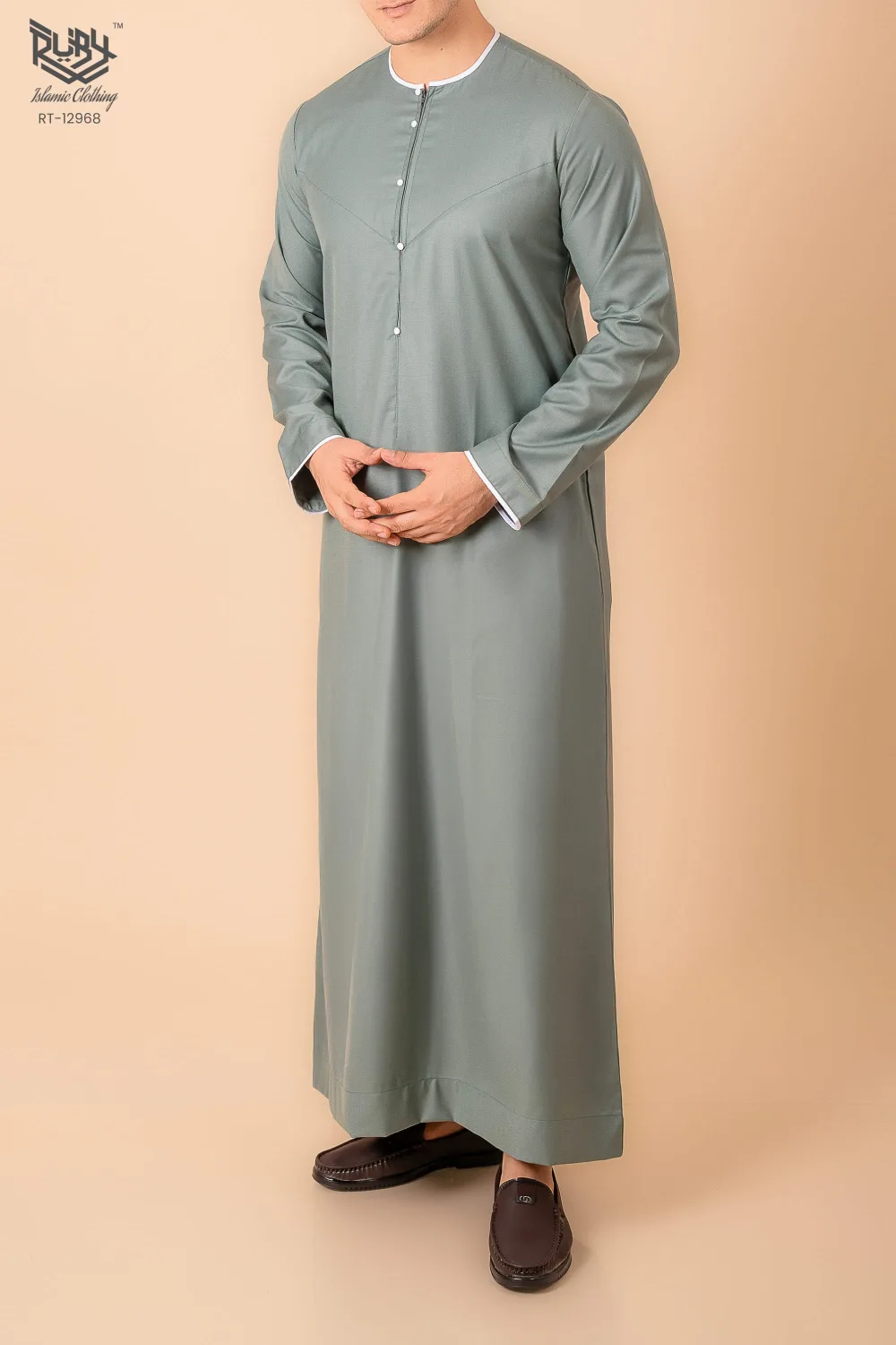 Premium Sage Green Emirati Thobe for Men with White Contrast Piping & Modern Panel Cut - Image 2 - Ruby Online