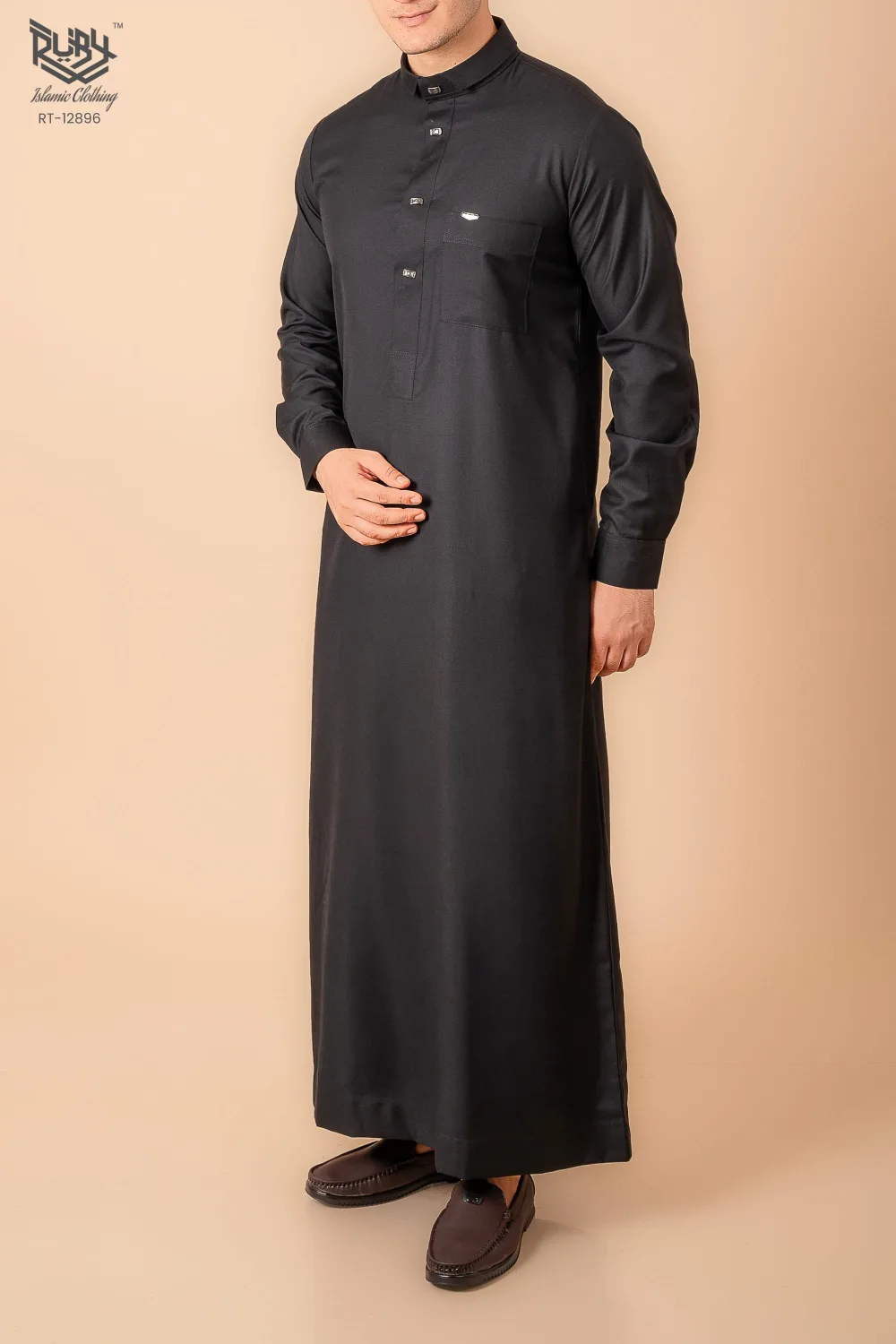 Luxury Deep Black Designer Thobe for Men with Gunmetal Button Placket & Modern Band Collar - Image 2 - Ruby Online