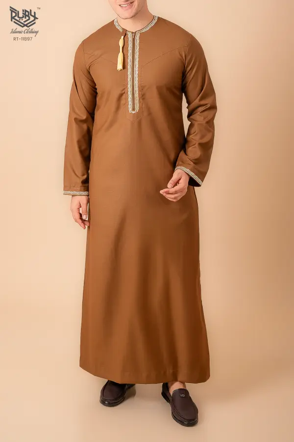Coffee Brown Omani Thobe with Beige Geometric Embroidery & Tassel - Image 2 - Ruby Online
