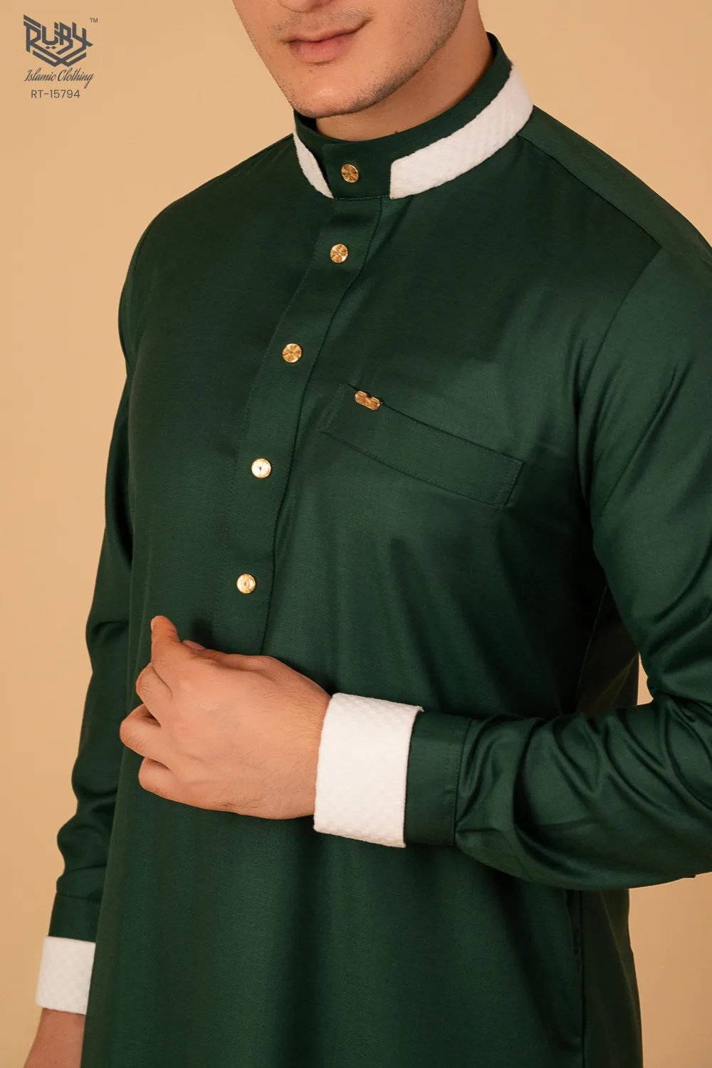 Premium Emerald Green Designer Thobe for Men with White Contrast Collar & Gold Button Detailing - Image 4 - Ruby Online