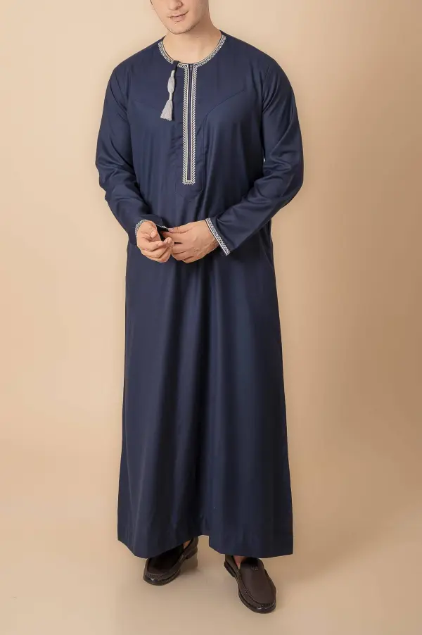 Navy Blue Omani Thobe with silver grey Geometric Embroidery & Tassel