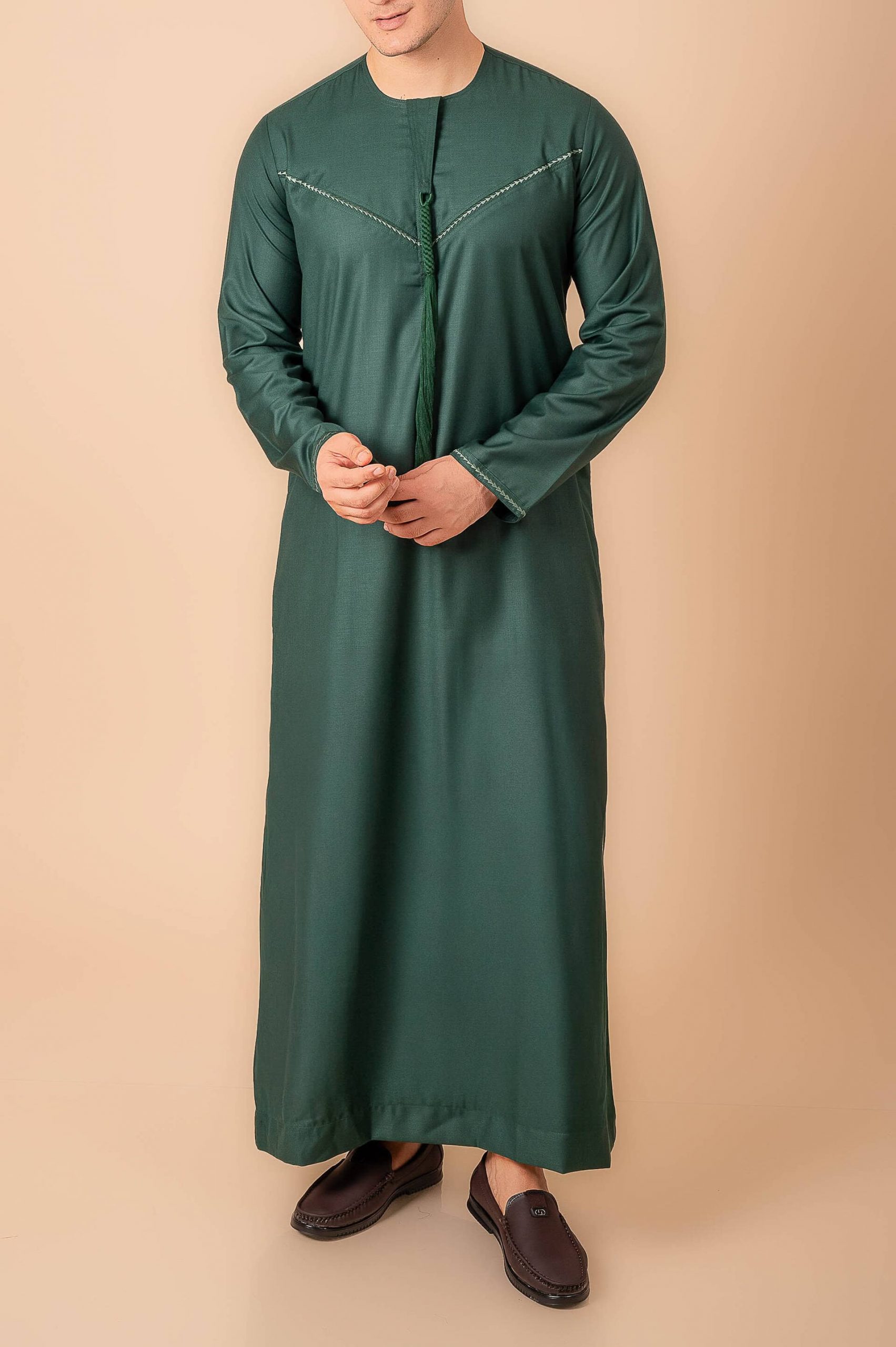 Premium Deep Emerald Green Emirati Tassel Thobe for Men – Light Sage Braided Front Kandura - Image 8 - Ruby Online