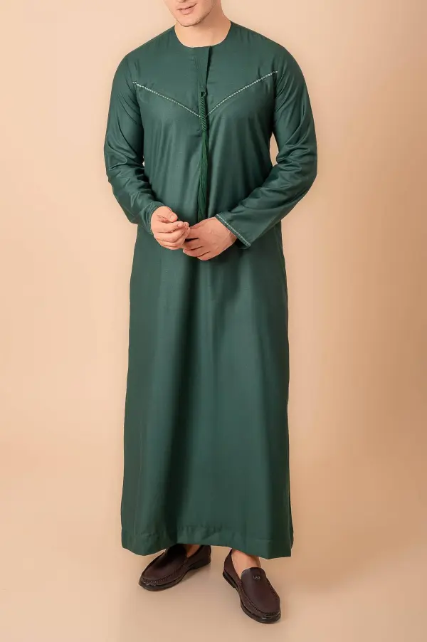 Premium Deep Emerald Green Emirati Tassel Thobe for Men – Light Sage Braided Front Kandura - Image 3 - Ruby Online