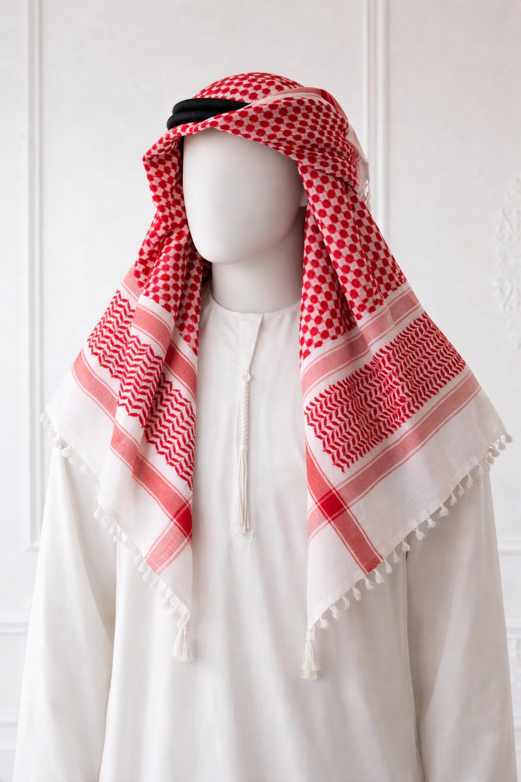 Premium Red & White Arabic Shemagh Keffiyeh – Traditional Arabic Head Scarf with Tassel Fringe - Image 6 - Ruby Online