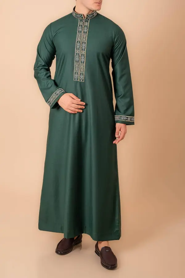 Emerald Green Men’s Thobe with Gold Floral Embroidery Placket & Cuff Borders - Image 3 - Ruby Online